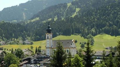 Kirche und Dorf vor bewaldeten Hügeln und Blumenwiese im Vordergrund