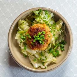 Bratling auf Salat mit Frühlingszwiebeln in beigem Ovalteller