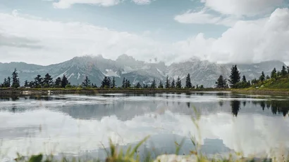 Spiegelung von Bergen und Bäumen in einem ruhigen Bergsee bei bewölktem Himmel