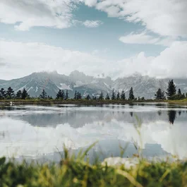 Spiegelung von Bergen und Bäumen in einem ruhigen Bergsee bei bewölktem Himmel